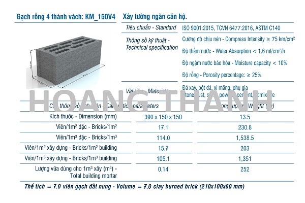 Gạch XMCL cao 130 xây tường rỗng 105mm(2 vách)